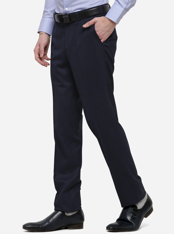 Navy Blue Solid Slim Fit Formal Trouser | Metal