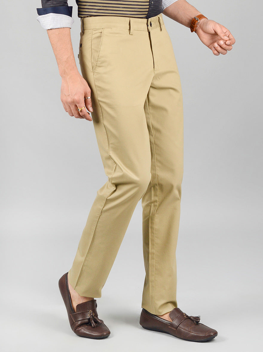 Beige Solid Slim Fit Casual Trouser | JadeBlue