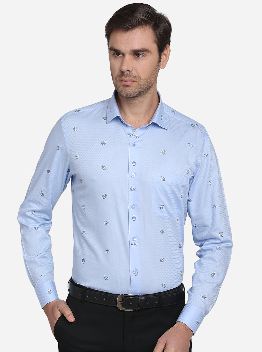 Sky Blue Printed Slim Fit Formal Shirt  | Metal