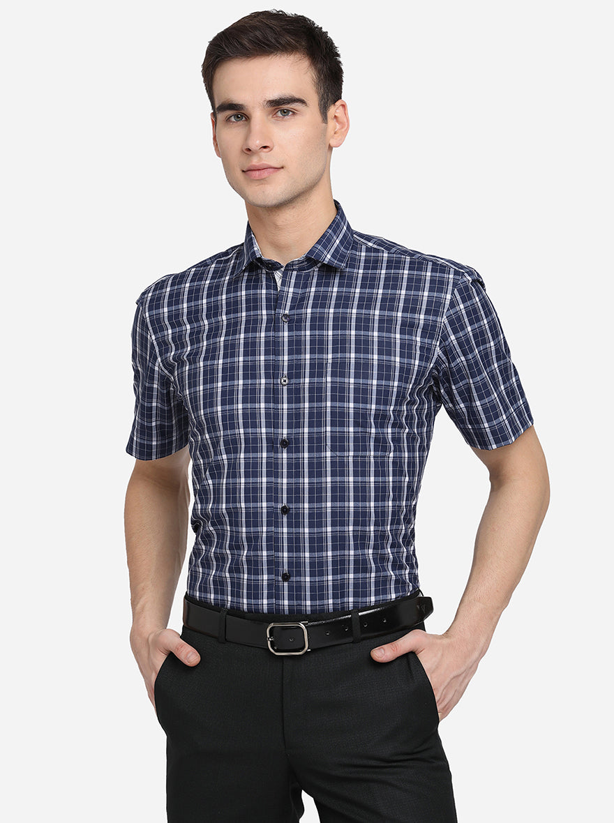 Navy Blue & White Checked Regular Fit Formal Shirt | Greenfibre