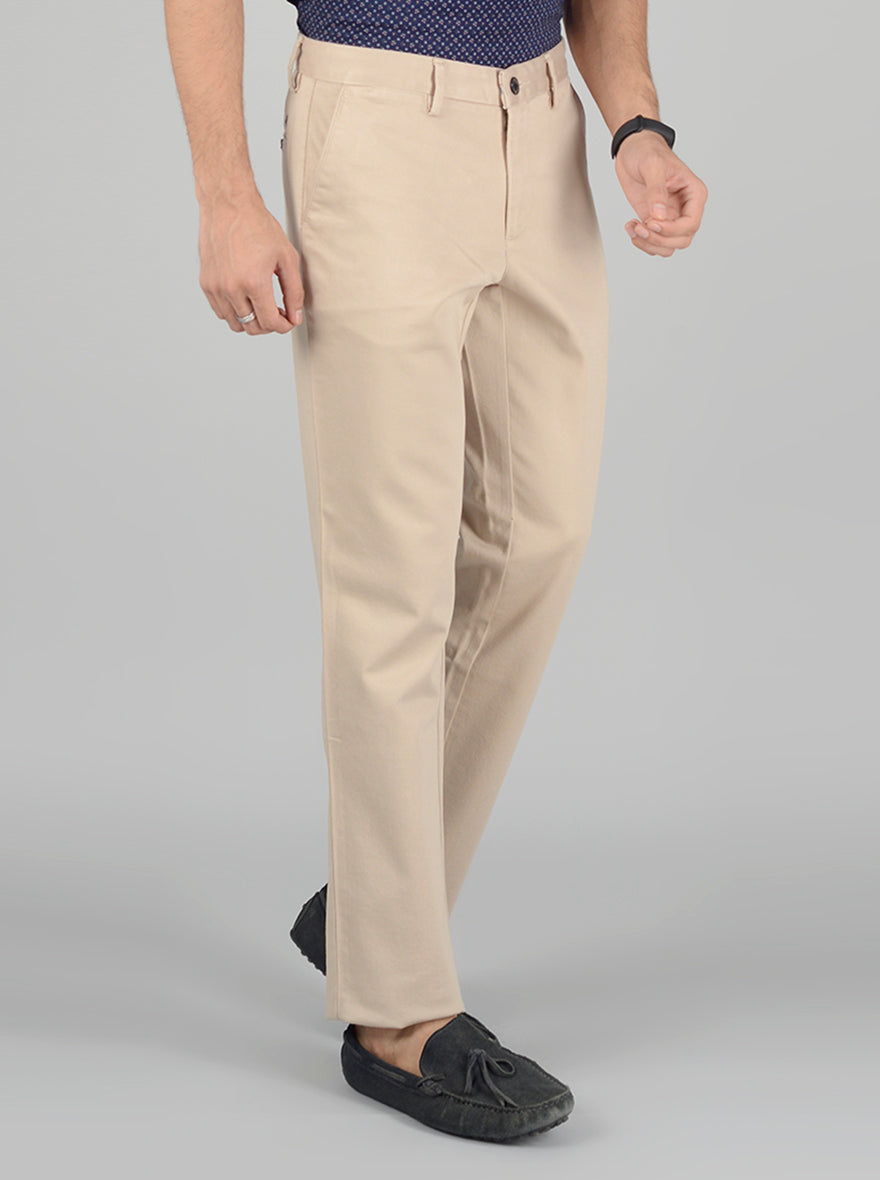 Beige Self Textured Slim Fit Casual Trouser | JadeBlue