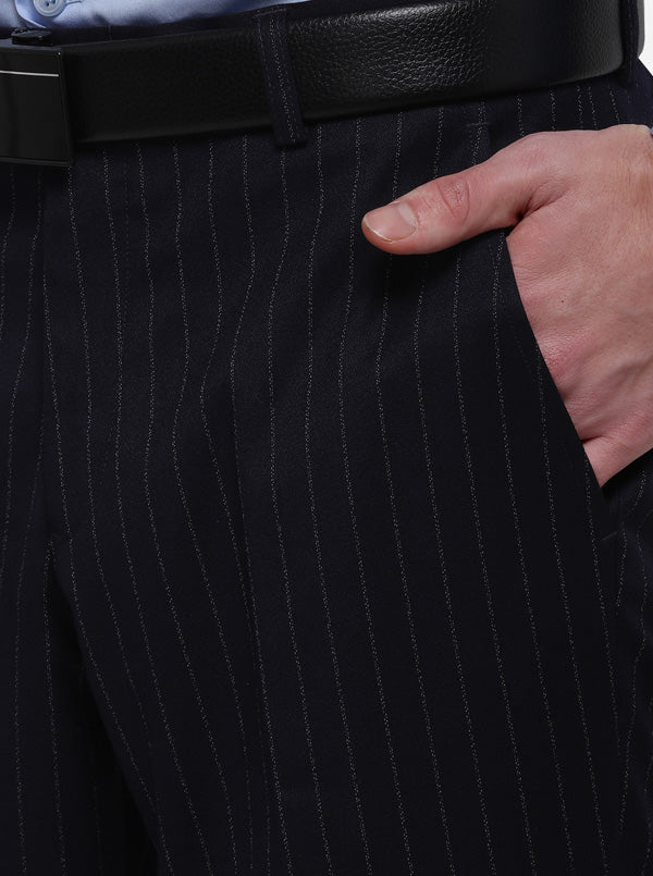 Navy Blue Striped Super Slim Fit Formal Trouser | JadeBlue