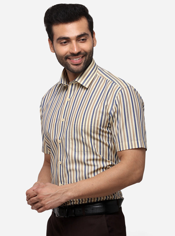 Beige & Blue Striped Regular Fit Formal Shirt | JadeBlue