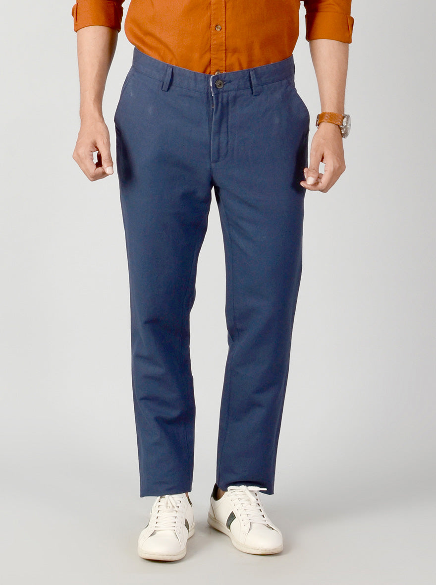 Navy Blue Self Textured Slim Fit Casual Trouser | JadeBlue