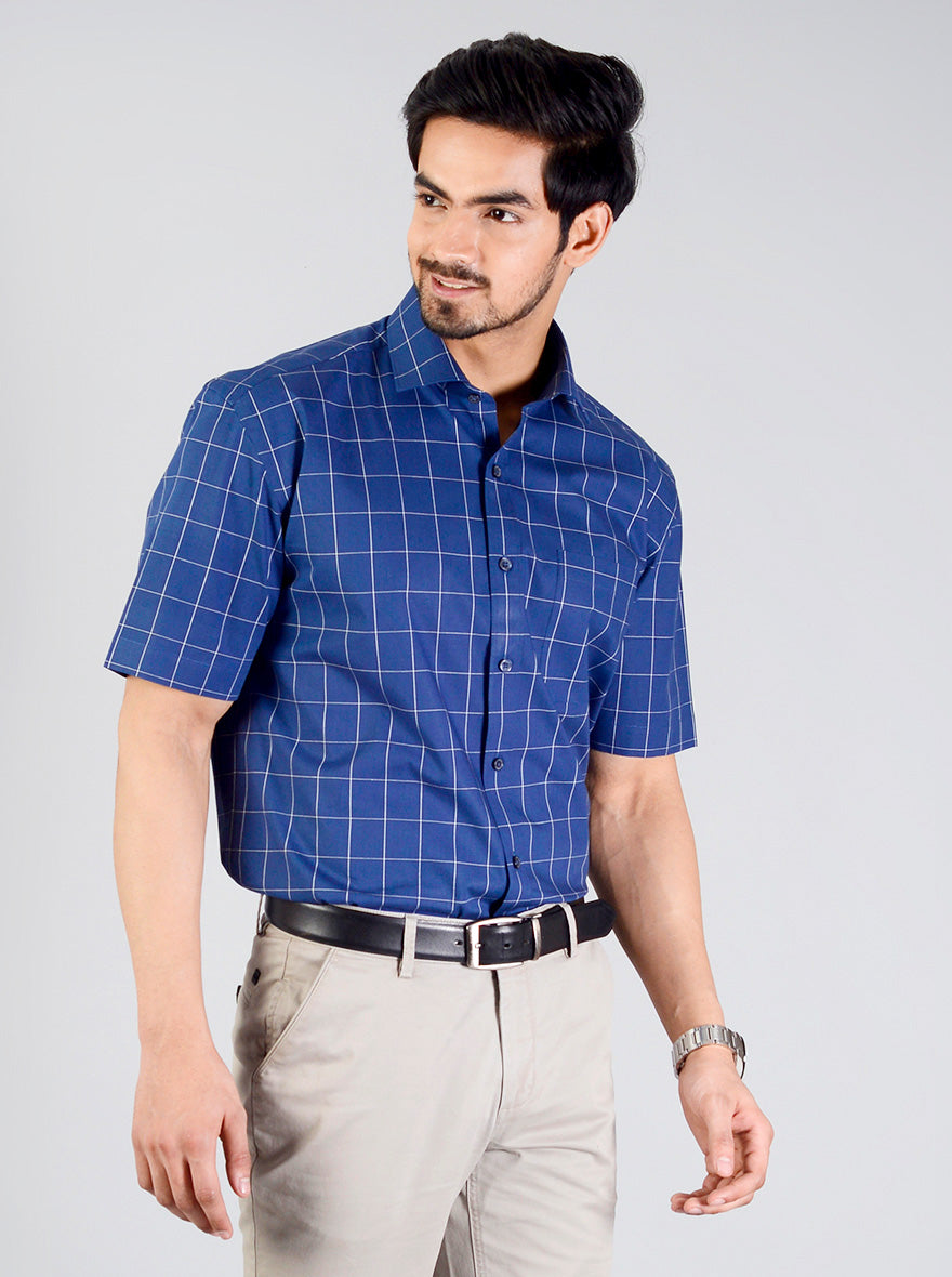 Federal Blue Checked Regular Fit Formal Shirt | JadeBlue