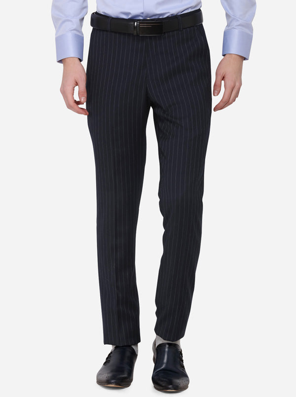 Navy Blue Striped Super Slim Fit Formal Trouser | JadeBlue Youth