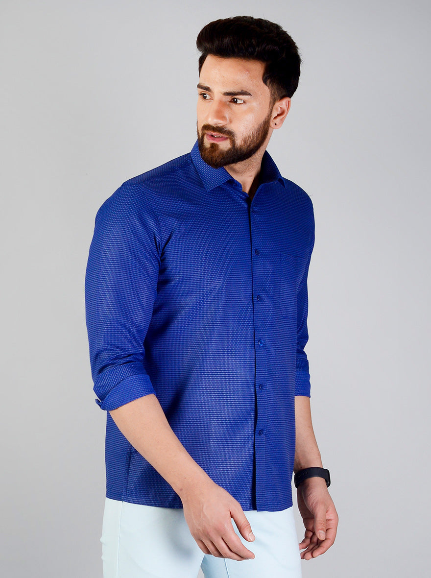 Ultramarine Blue Checked Regular Fit Formal Shirt | Greenfibre
