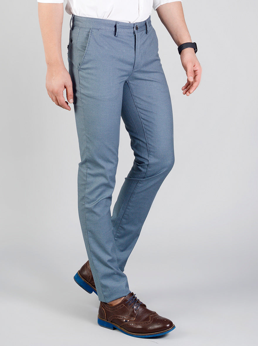 Blue Checked Slim Fit Casual Trouser | JadeBlue