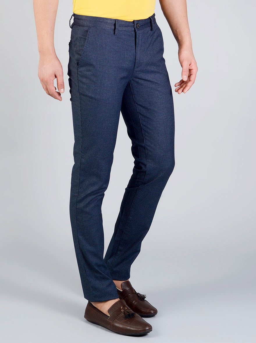 Navy Blue Checked Slim Fit Casual Trouser | JadeBlue