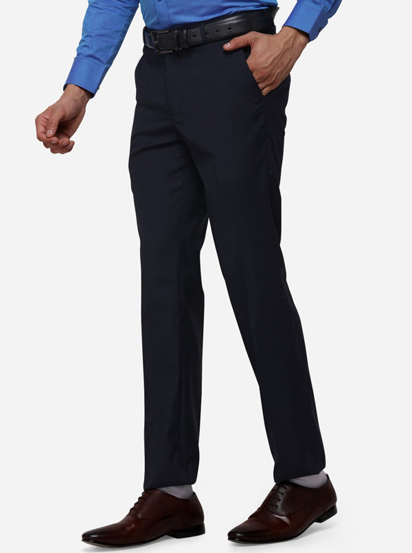 Navy Blue Slim Fit Solid Formal Trouser | Greenfibre