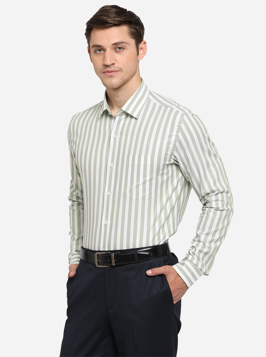 Green & White Striped Slim Fit Formal Shirt | JadeBlue