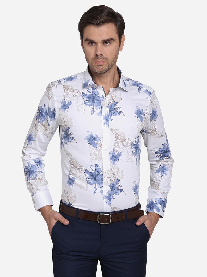 White & Blue Printed Slim Fit Party Wear Shirt | Greenfibre