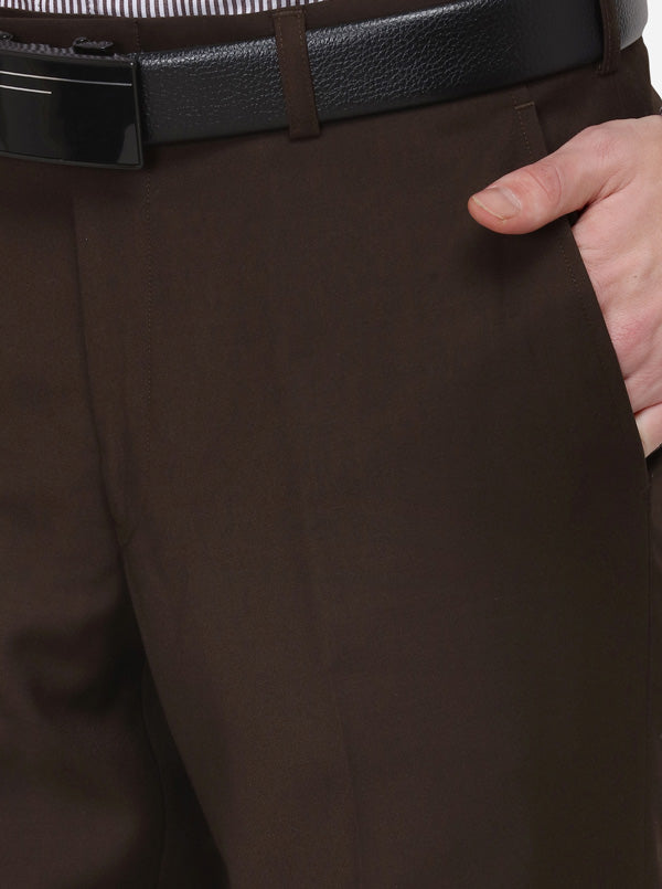 Dark Brown Solid Slim Fit Formal Trouser | Metal