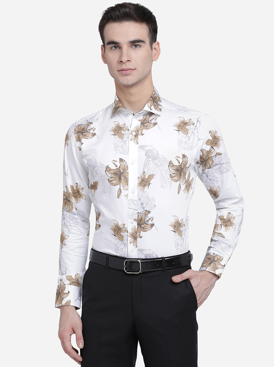 White & Beige Printed Slim Fit Party Wear Shirt | Greenfibre