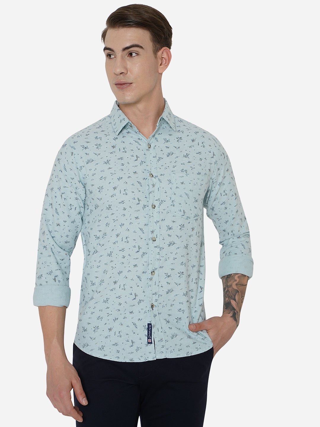 Glacier Grey Printed Slim Fit Semi Casual Shirt | Greenfibre