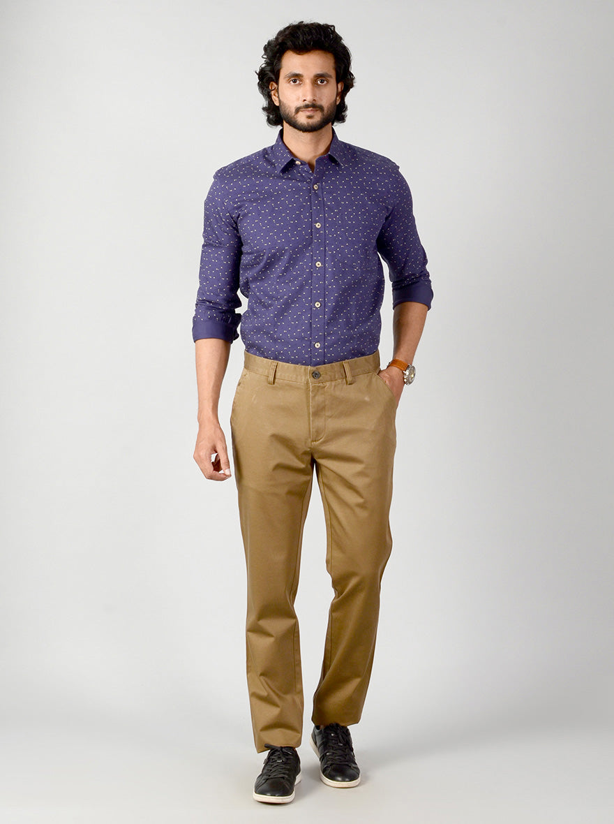 Dark Khaki Self Textured Slim Fit Casual Trouser | JadeBlue