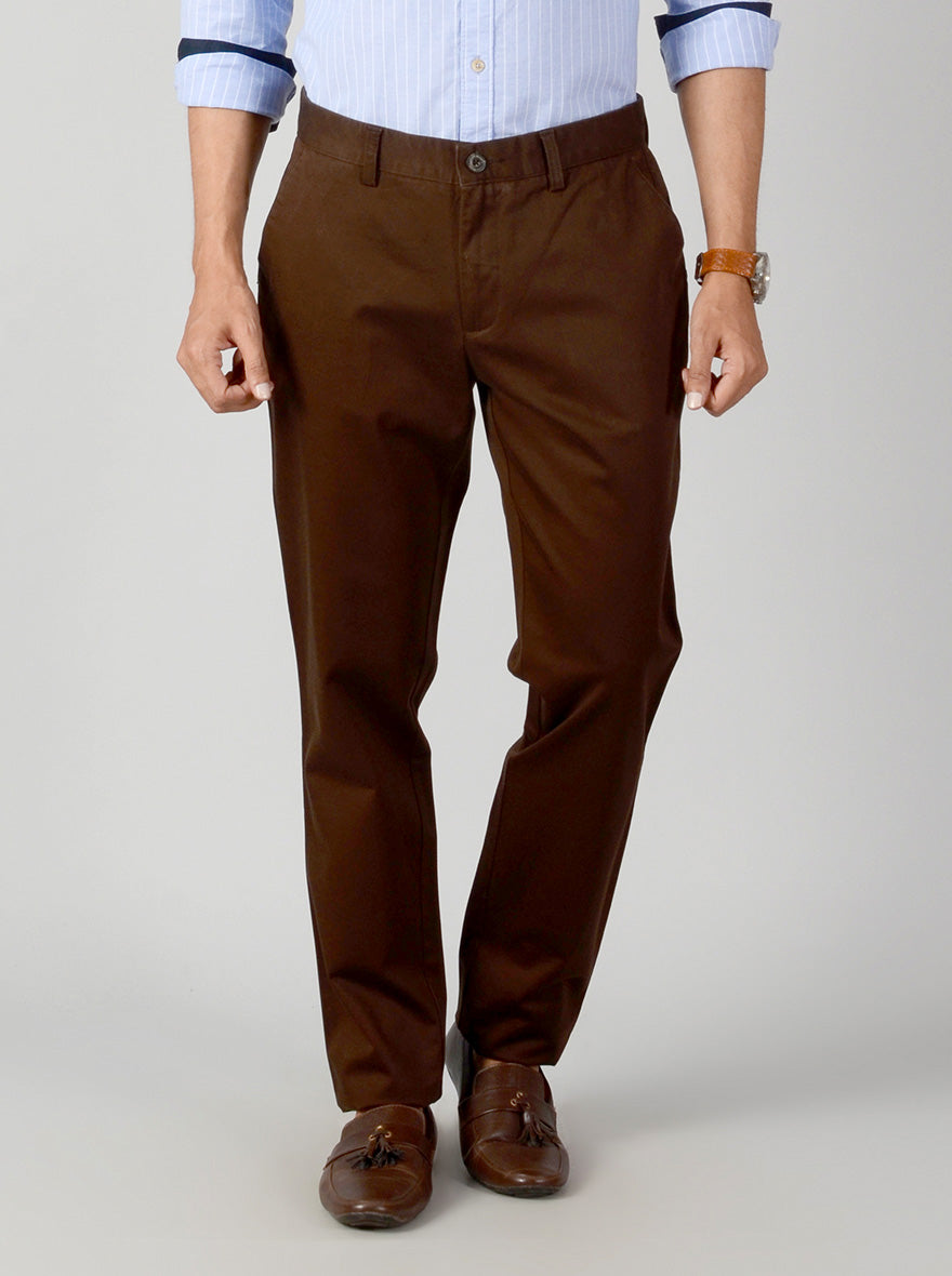 Dark Brown Self Textured Slim Fit Casual Trouser | JadeBlue