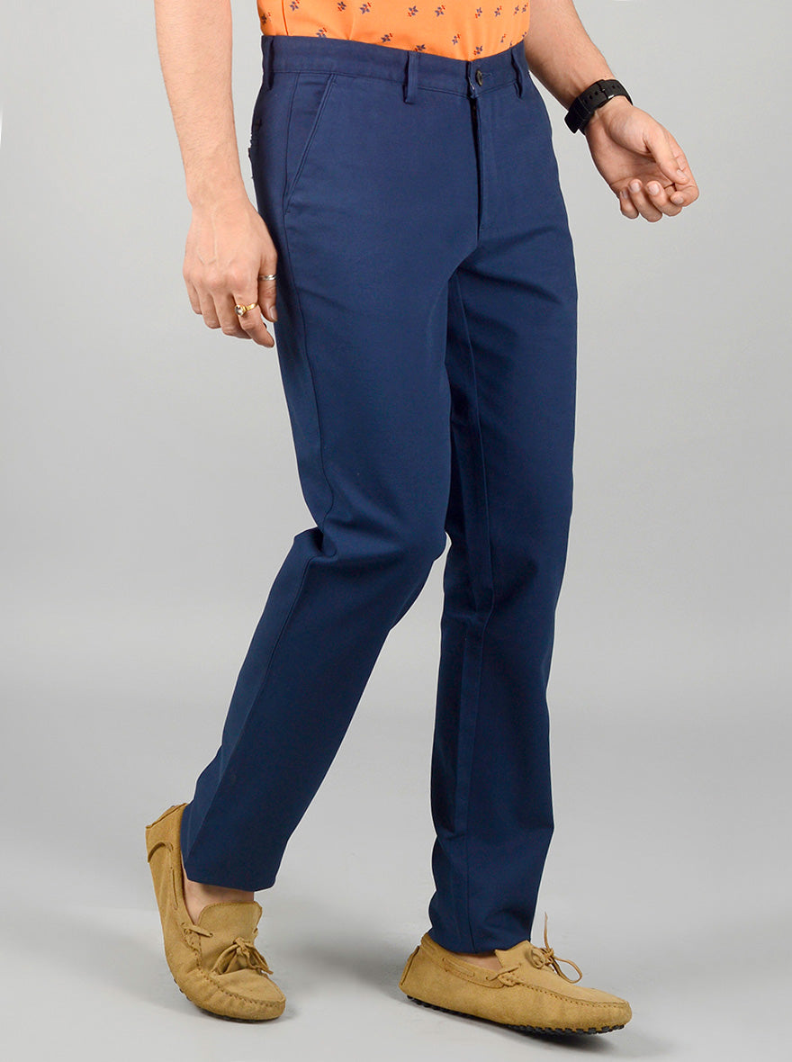 Navy Blue Solid Slim Fit Casual Trouser | JadeBlue