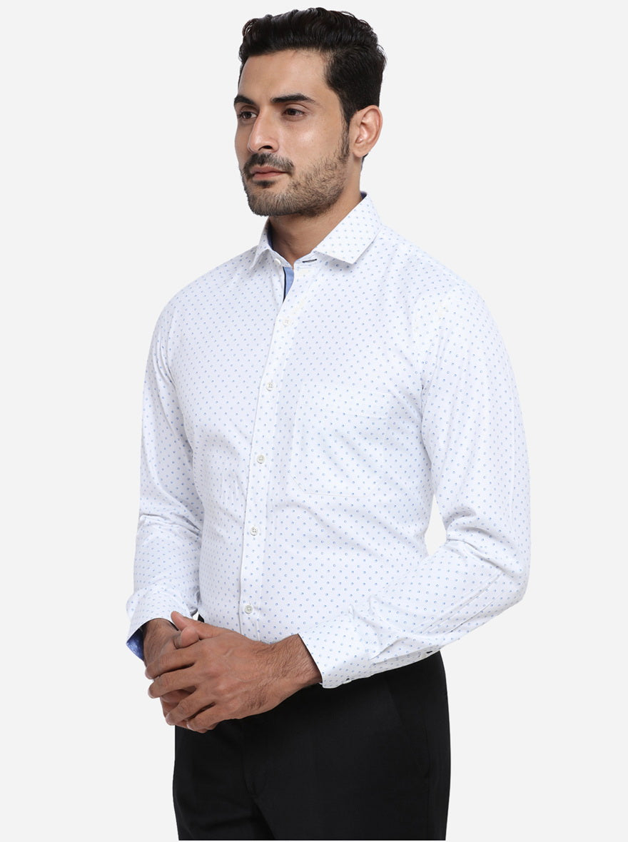 White & Blue Printed Slim Fit Party wear Shirt | Greenfibre