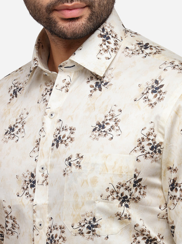 Cream Printed Slim Fit Formal Shirt | Greenfibre