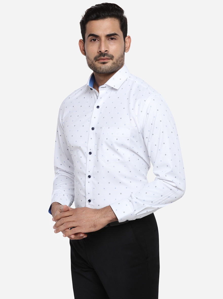White & Blue Printed Slim Fit Party wear Shirt | Greenfibre