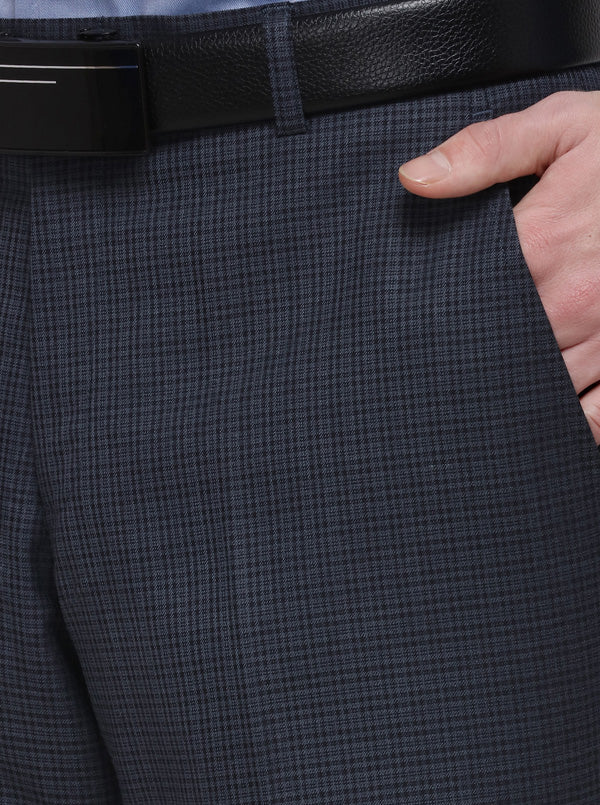 Blue & Grey Checked Super Slim Fit Formal Trouser | JadeBlue