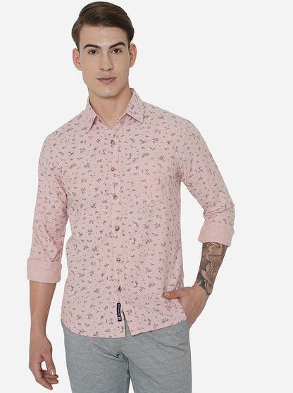 Light Pink Printed Slim Fit Semi Casual Shirt | Greenfibre