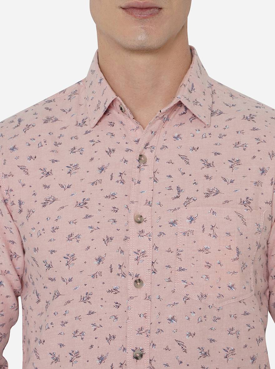 Light Pink Printed Slim Fit Semi Casual Shirt | Greenfibre