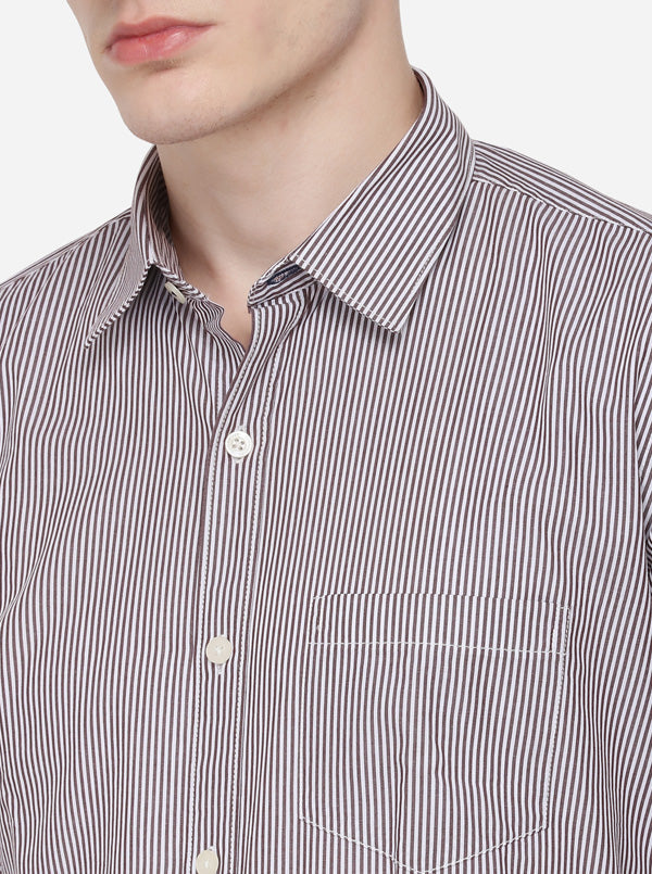 Brown & White Striped Slim Fit Casual Shirt | Greenfibre