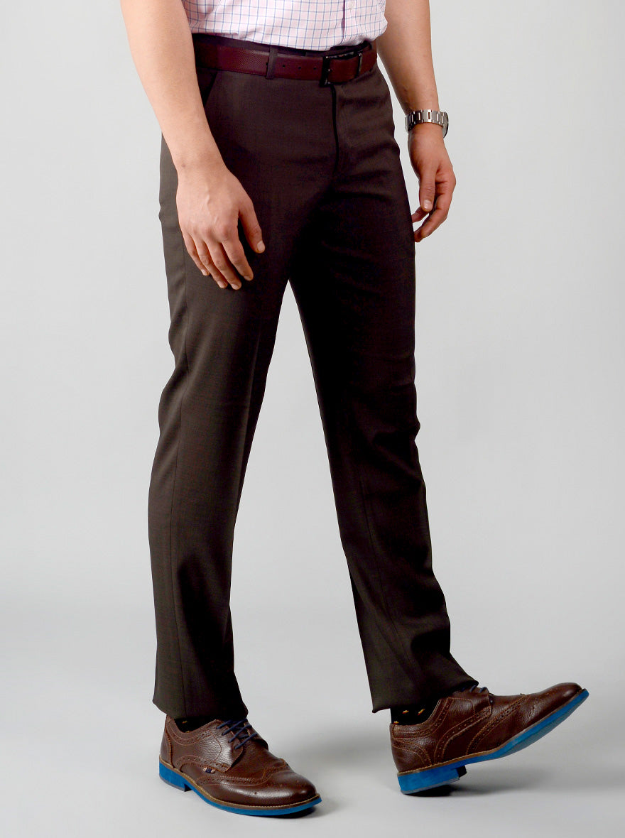 Brown Self Textured Slim Fit Formal Trouser | JadeBlue