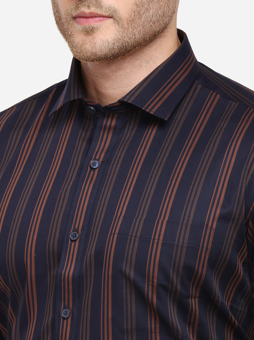 Navy Blue Striped Regular Fit Formal Shirt | JadeBlue