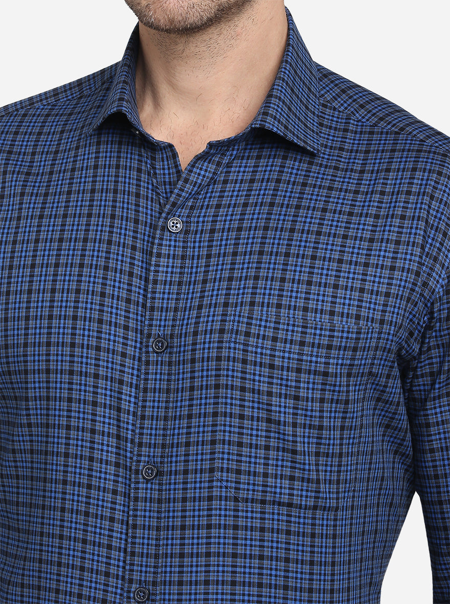 Teal Blue & Black Checked Slim Fit Formal Shirt  | JadeBlue