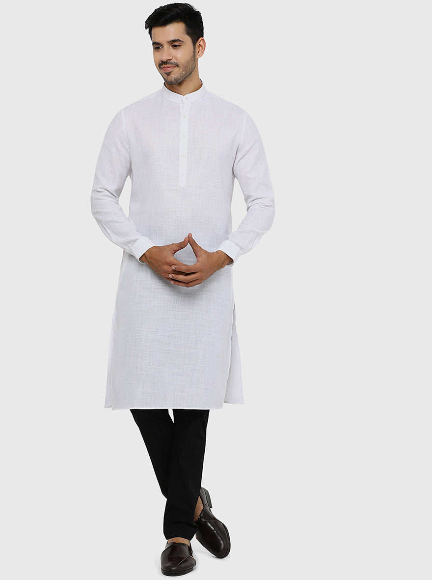 White Self Textured Regular Fit Modi Kurta | JadeBlue