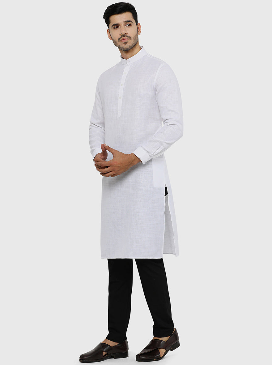 White Self Textured Regular Fit Modi Kurta | JadeBlue