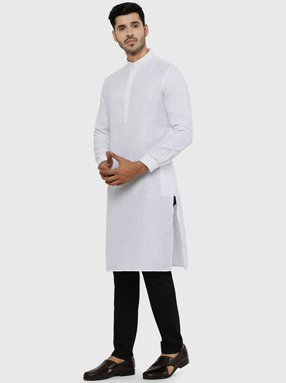 White Self Textured Regular Fit Modi Kurta | JadeBlue