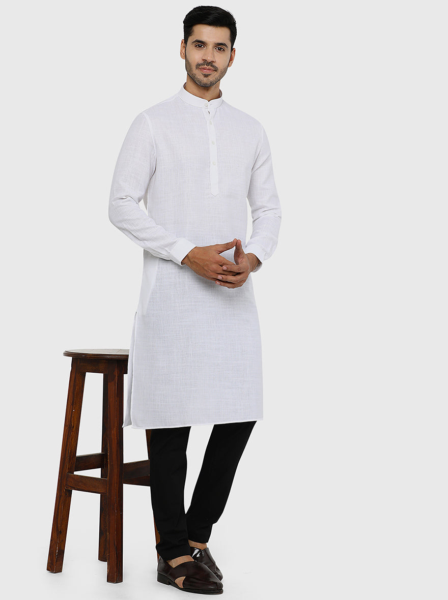 White Self Textured Regular Fit Modi Kurta | JadeBlue