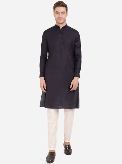Denim Blue Self Textured Regular Fit Modi Kurta | JadeBlue