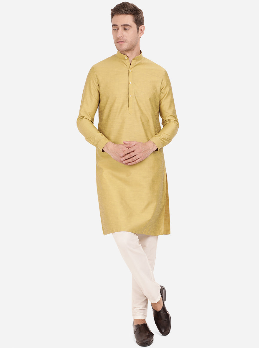 Golden Yellow Self Textured Regular Fit Modi Kurta | JadeBlue