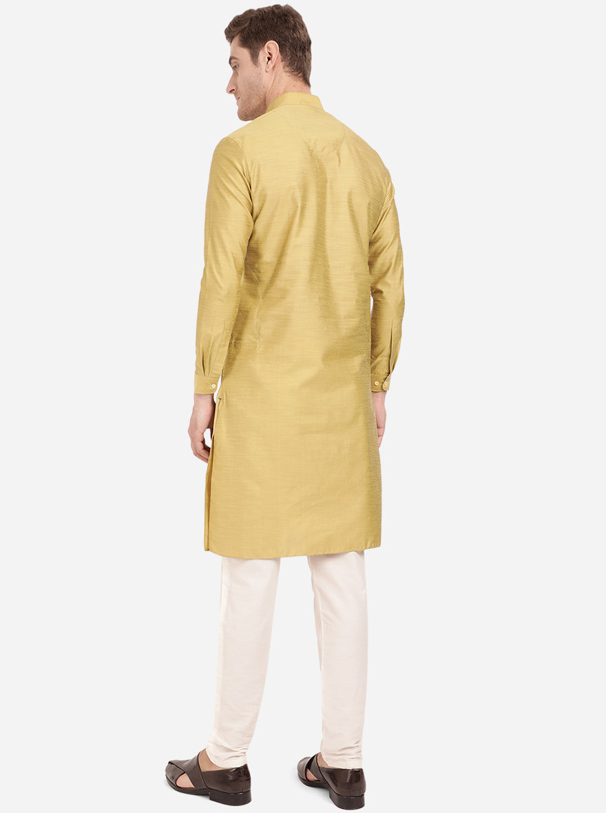 Golden Yellow Self Textured Regular Fit Modi Kurta | JadeBlue