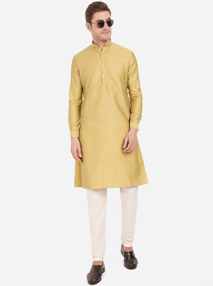 Golden Yellow Self Textured Regular Fit Modi Kurta | JadeBlue