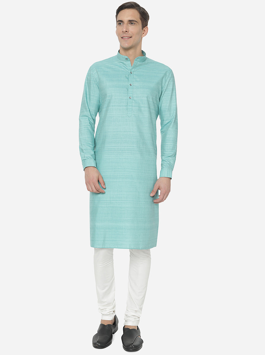 Aqua Blue Self Textured Regular Fit Modi Kurta | JadeBlue