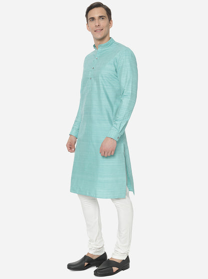 Aqua Blue Self Textured Regular Fit Modi Kurta | JadeBlue