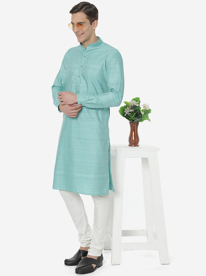 Aqua Blue Self Textured Regular Fit Modi Kurta | JadeBlue