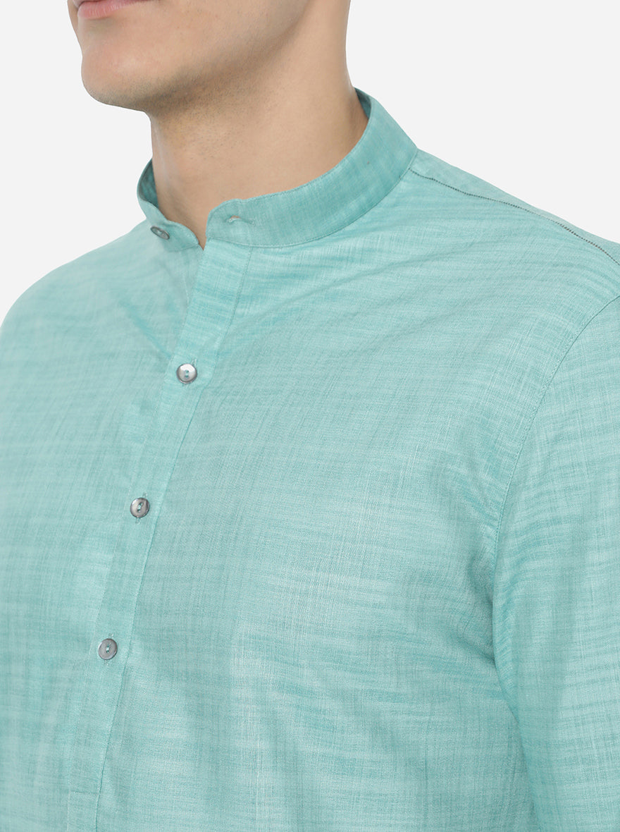 Aqua Blue Self Textured Regular Fit Modi Kurta | JadeBlue