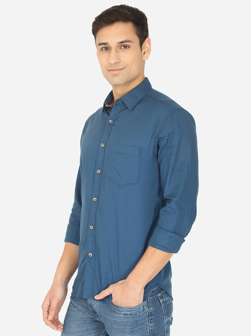 Dark Blue Solid Slim Fit Semi Casual Shirt | Greenfibre