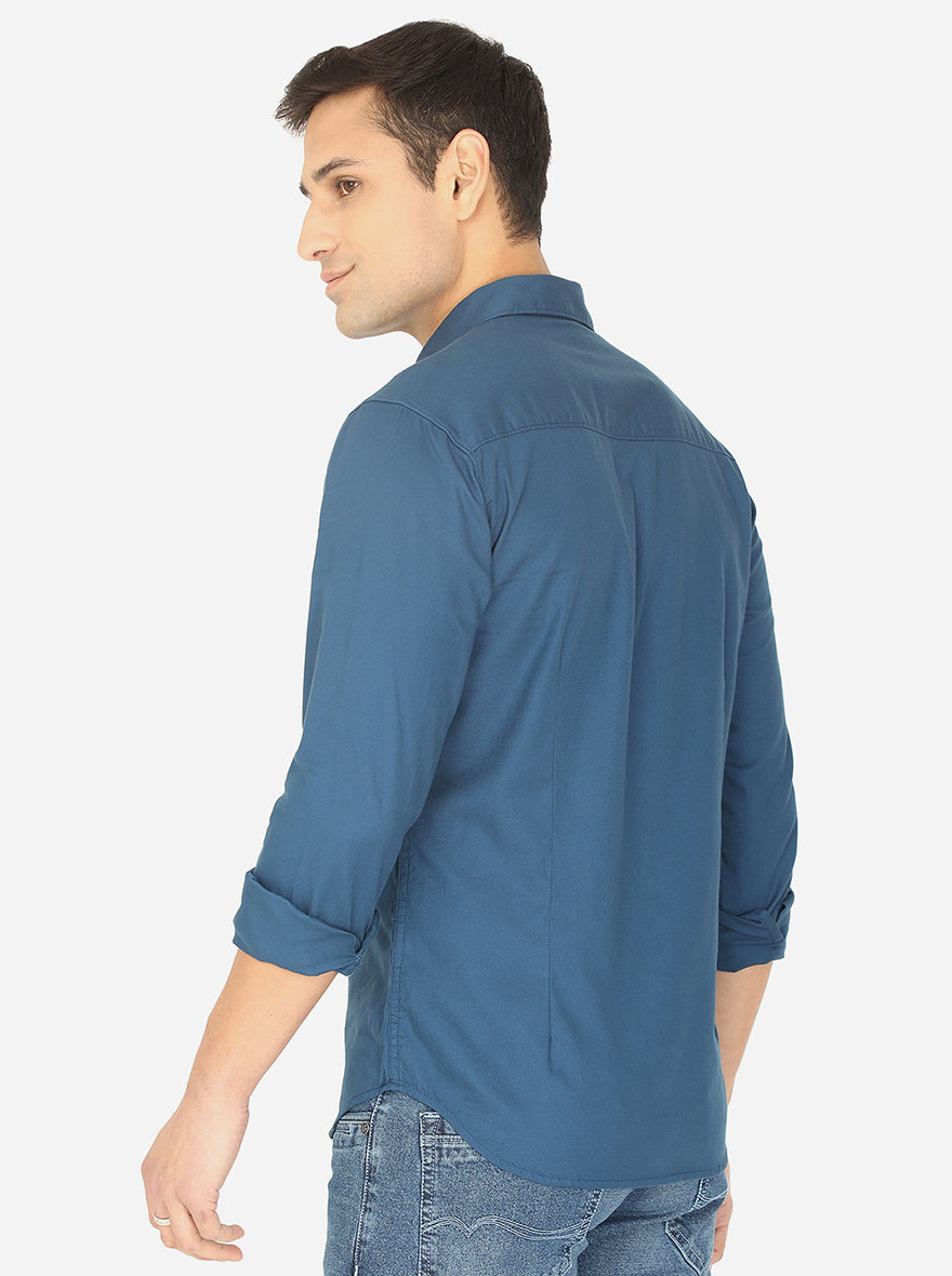 Dark Blue Solid Slim Fit Semi Casual Shirt | Greenfibre