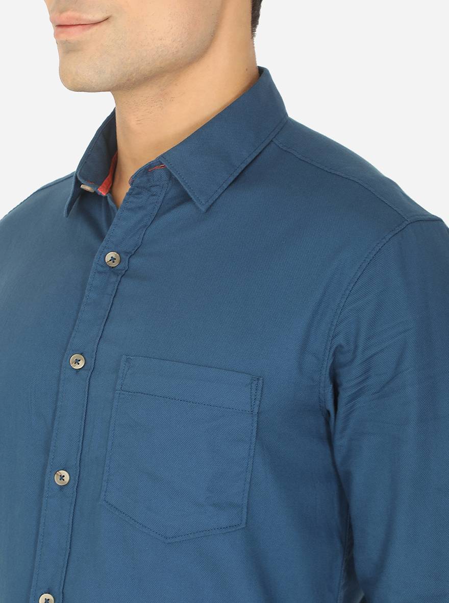 Dark Blue Solid Slim Fit Semi Casual Shirt | Greenfibre