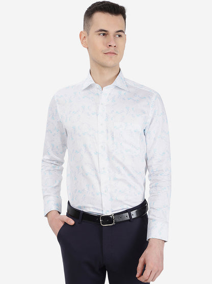 White & Blue Printed Slim Fit Formal Shirt | Metal