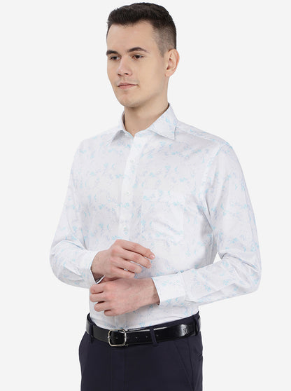 White & Blue Printed Slim Fit Formal Shirt | Metal