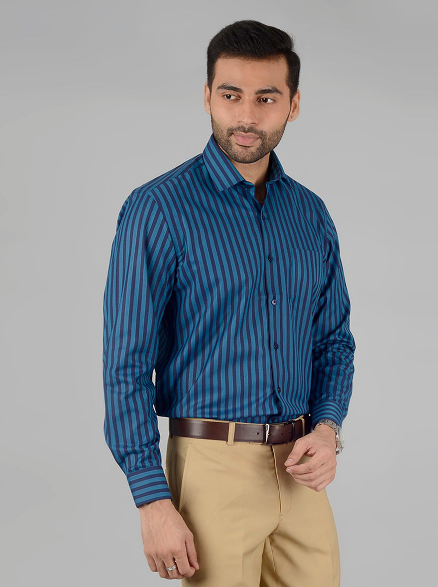 Ocean Blue Striped Regular Fit Formal Shirt | Greenfibre